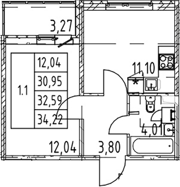 1-комнатная квартира 30.95 м², 2/12 эт., ЖК «Полис ЛАВрики»